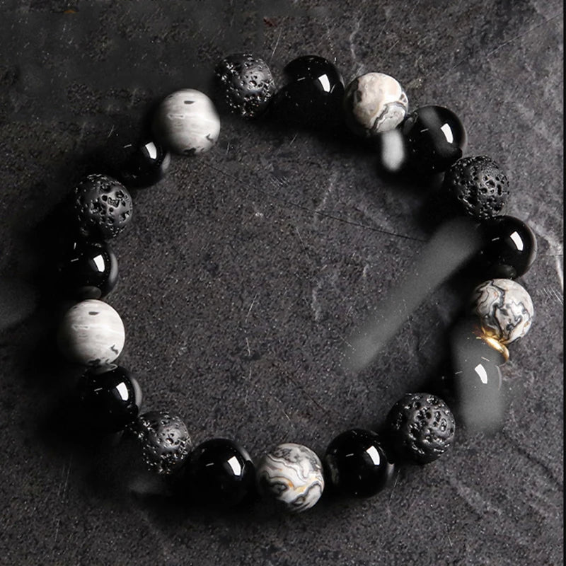 Dark Natural Black Onyx stone Bracelet, from Volcanic Rock